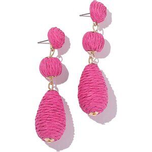 Women's Hot Pink Boho Raffia Earrings Statement Dangle Cute Teardrop Jewelry